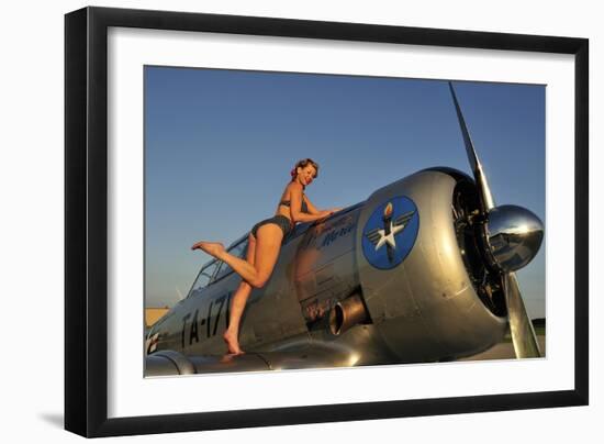 1940's Pin-Up Girl Standing on the Wing of a World War II T-6 Texan-null-Framed Photographic Print