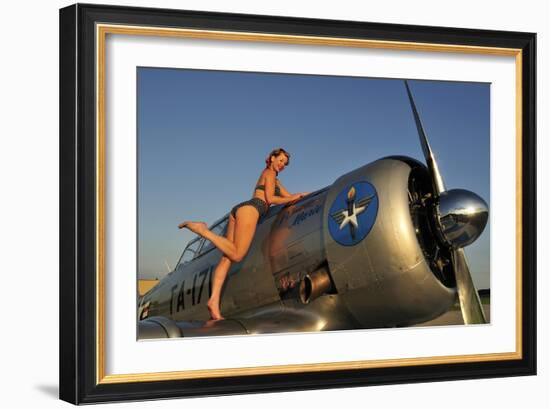 1940's Pin-Up Girl Standing on the Wing of a World War II T-6 Texan-null-Framed Photographic Print