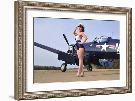 1940's Style Navy Pin-Up Girl Posing with a Vintage Corsair Aircraft-null-Framed Photographic Print