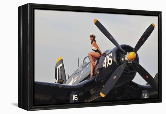 1940's Style Navy Pin-Up Girl Sitting on a Vintage Corsair Fighter Plane-null-Framed Premier Image Canvas