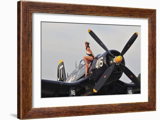 1940's Style Navy Pin-Up Girl Sitting on a Vintage Corsair Fighter Plane-null-Framed Photographic Print