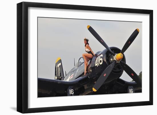 1940's Style Navy Pin-Up Girl Sitting on a Vintage Corsair Fighter Plane-null-Framed Photographic Print