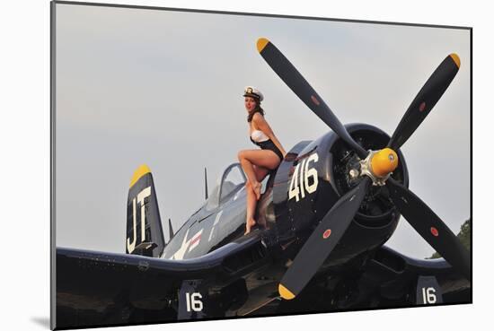 1940's Style Navy Pin-Up Girl Sitting on a Vintage Corsair Fighter Plane-null-Mounted Photographic Print