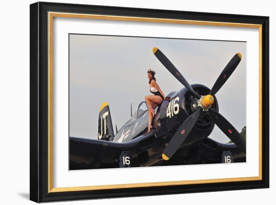 1940's Style Navy Pin-Up Girl Sitting on a Vintage Corsair Fighter Plane-null-Framed Photographic Print