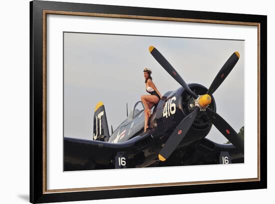 1940's Style Navy Pin-Up Girl Sitting on a Vintage Corsair Fighter Plane-null-Framed Photographic Print