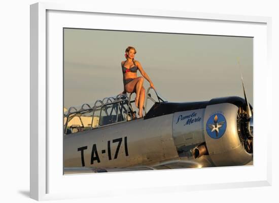 1940's Style Pin-Up Girl Sitting on the Cockpit of a World War II T-6 Texan-null-Framed Photographic Print