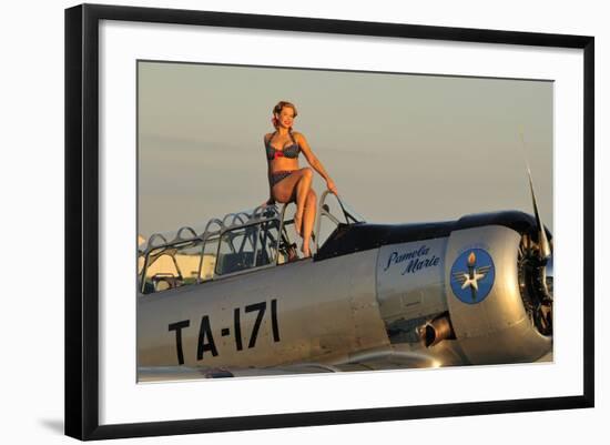 1940's Style Pin-Up Girl Sitting on the Cockpit of a World War II T-6 Texan-null-Framed Photographic Print