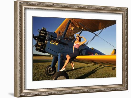 1940's Style Pin-Up Girl Sitting on the Wing of a Stearman Biplane-null-Framed Photographic Print