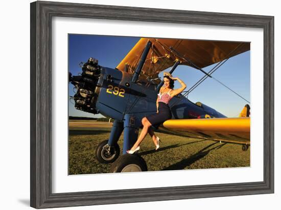 1940's Style Pin-Up Girl Sitting on the Wing of a Stearman Biplane-null-Framed Photographic Print