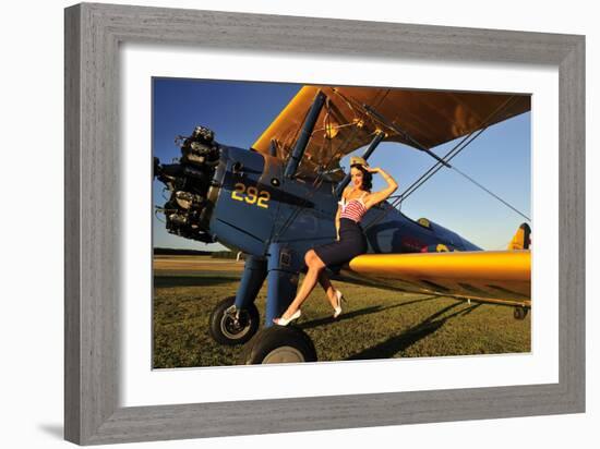 1940's Style Pin-Up Girl Sitting on the Wing of a Stearman Biplane-null-Framed Photographic Print