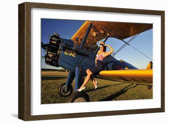 1940's Style Pin-Up Girl Sitting on the Wing of a Stearman Biplane-null-Framed Photographic Print