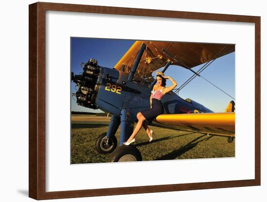 1940's Style Pin-Up Girl Sitting on the Wing of a Stearman Biplane-null-Framed Photographic Print