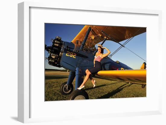 1940's Style Pin-Up Girl Sitting on the Wing of a Stearman Biplane-null-Framed Photographic Print