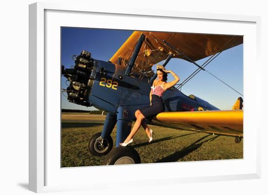 1940's Style Pin-Up Girl Sitting on the Wing of a Stearman Biplane-null-Framed Photographic Print