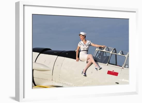 1940's Style Pin-Up Girl Sitting Outside the Cockpot of a T-6 Texan-null-Framed Photographic Print
