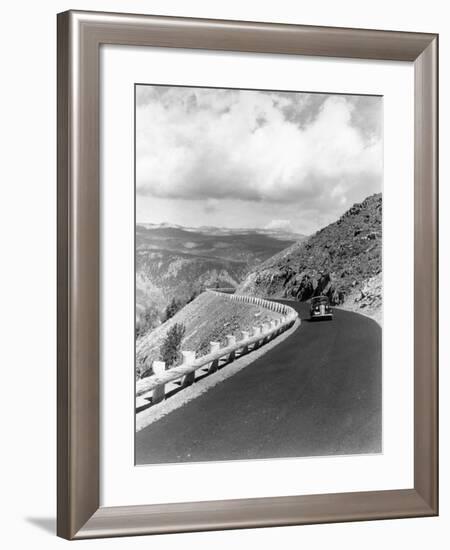 1940s Automobile on Hillside Road Near Yellowstone National Park 11000 Feet Elevation Red Lodge-null-Framed Photographic Print