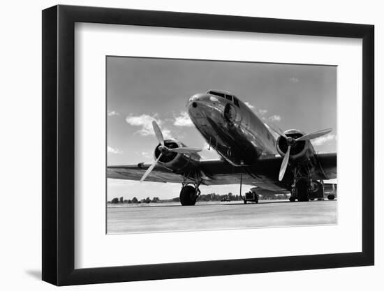 1940s DOMESTIC PROPELLER PASSENGER AIRPLANE DUAL ENGINE LANDING GEAR NOSE AND PARTIAL WINGS VISIBLE-H. Armstrong Roberts-Framed Photographic Print