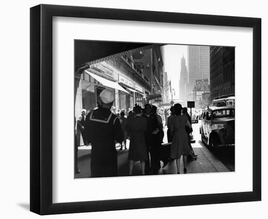 1940s Grand Central Station Men and Women Pedestrians a Sailor in Uniform Taxi and Stores 42nd St-null-Framed Photographic Print