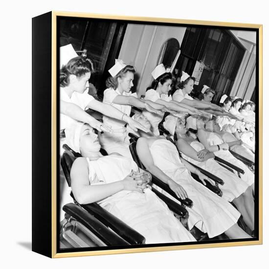 1940S Women Learning Facials and Beauty Techniques at a Beauty School-Nina Leen-Framed Premier Image Canvas