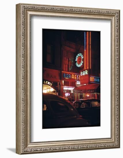 1945: a Night Image of Beef Steak Charlie's Restaurant on 50th and Broadway, New York, NY-Andreas Feininger-Framed Photographic Print
