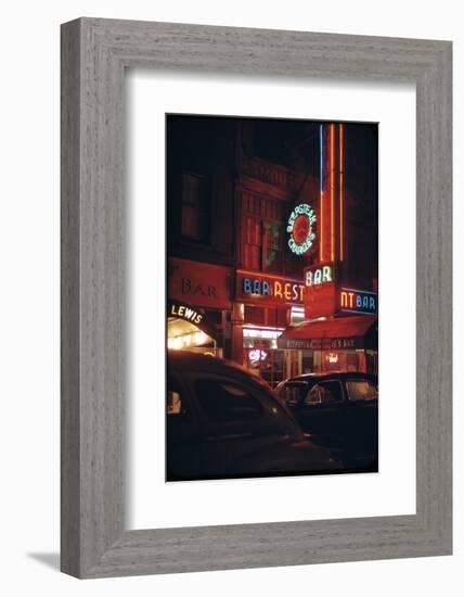 1945: a Night Image of Beef Steak Charlie's Restaurant on 50th and Broadway, New York, NY-Andreas Feininger-Framed Photographic Print