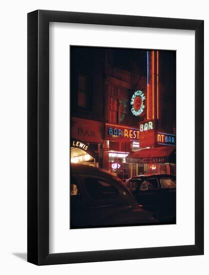 1945: a Night Image of Beef Steak Charlie's Restaurant on 50th and Broadway, New York, NY-Andreas Feininger-Framed Photographic Print
