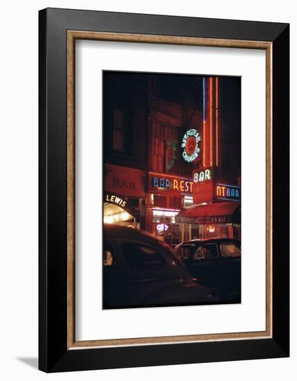 1945: a Night Image of Beef Steak Charlie's Restaurant on 50th and Broadway, New York, NY-Andreas Feininger-Framed Photographic Print