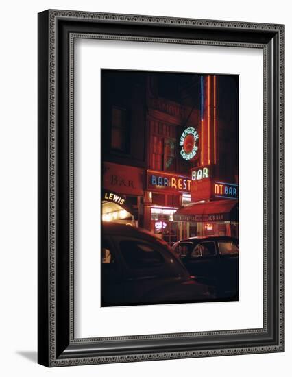 1945: a Night Image of Beef Steak Charlie's Restaurant on 50th and Broadway, New York, NY-Andreas Feininger-Framed Photographic Print