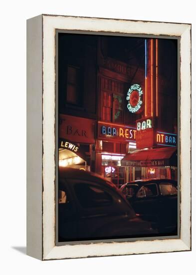1945: a Night Image of Beef Steak Charlie's Restaurant on 50th and Broadway, New York, NY-Andreas Feininger-Framed Premier Image Canvas