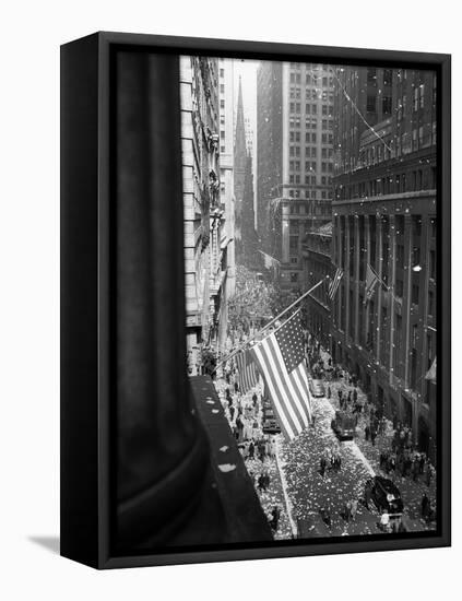 1945 Aerial View of VE Day Celebration on Wall Street NYC with Flags and Confetti Flying-null-Framed Premier Image Canvas