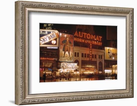 1945: Broadway and 42nd Street at Night in Front of Automat Horn and Hardart, New York, NY-Andreas Feininger-Framed Photographic Print