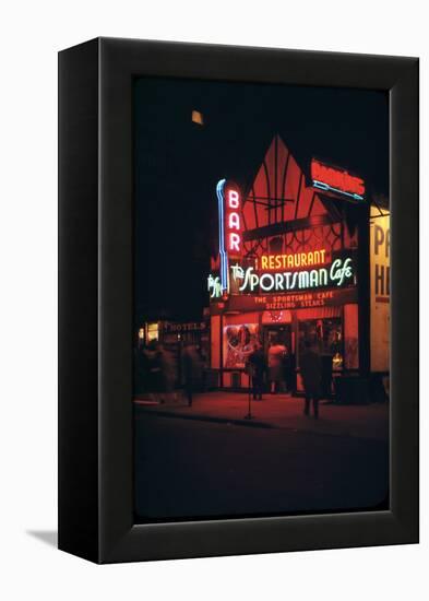 1945: Neon Lights Outside the Sportsman Cafe on 236 West 50th Street at Night, New York, NY-Andreas Feininger-Framed Premier Image Canvas