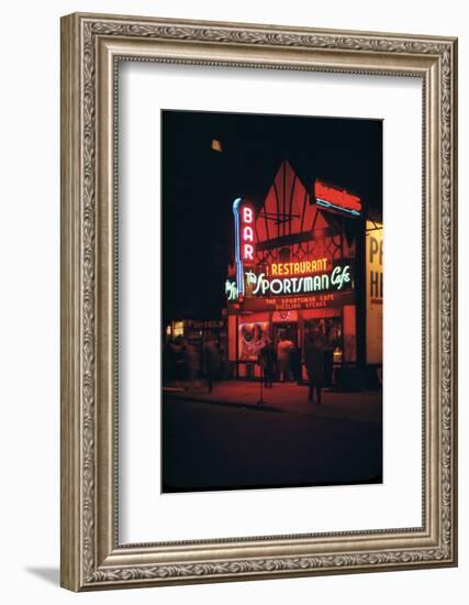 1945: Neon Lights Outside the Sportsman Cafe on 236 West 50th Street at Night, New York, NY-Andreas Feininger-Framed Photographic Print