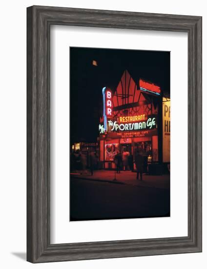 1945: Neon Lights Outside the Sportsman Cafe on 236 West 50th Street at Night, New York, NY-Andreas Feininger-Framed Photographic Print