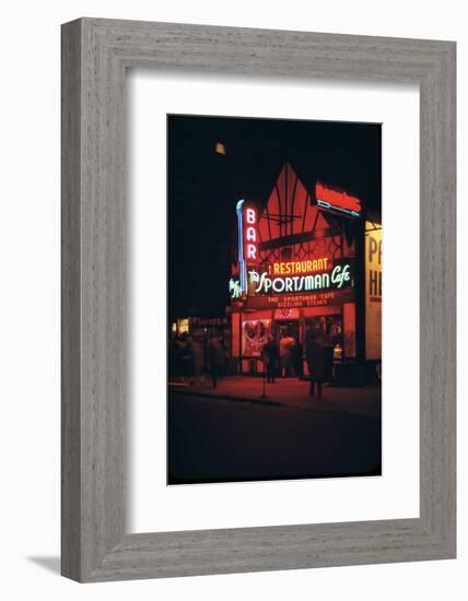 1945: Neon Lights Outside the Sportsman Cafe on 236 West 50th Street at Night, New York, NY-Andreas Feininger-Framed Photographic Print