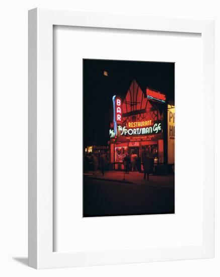 1945: Neon Lights Outside the Sportsman Cafe on 236 West 50th Street at Night, New York, NY-Andreas Feininger-Framed Photographic Print