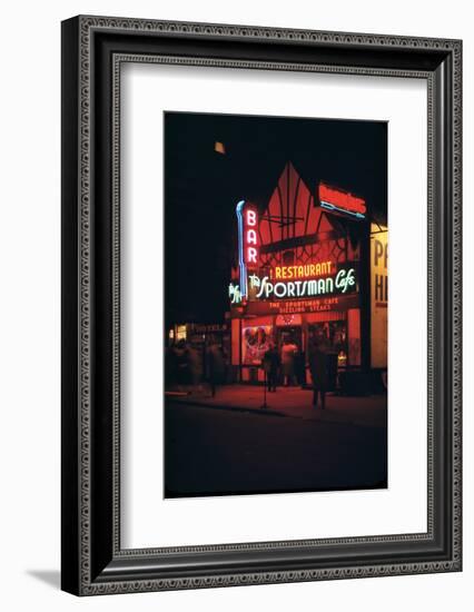 1945: Neon Lights Outside the Sportsman Cafe on 236 West 50th Street at Night, New York, NY-Andreas Feininger-Framed Photographic Print