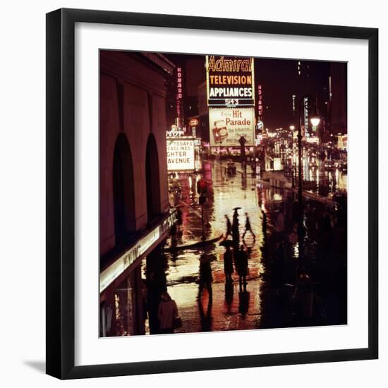 1945: Rainy Night in Times Square with Neon and Billboards, New York, NY-Andreas Feininger-Framed Photographic Print
