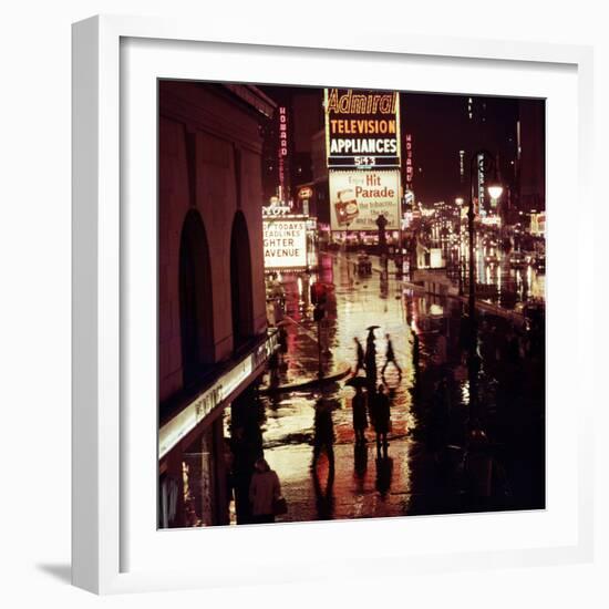 1945: Rainy Night in Times Square with Neon and Billboards, New York, NY-Andreas Feininger-Framed Photographic Print