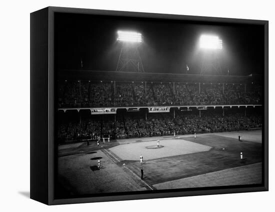 1947 Baseball Night Game under the Lights Players Standing for National Anthem Ebbets Field-null-Framed Premier Image Canvas