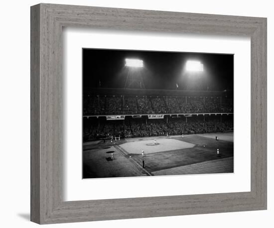 1947 Baseball Night Game under the Lights Players Standing for National Anthem Ebbets Field-null-Framed Photographic Print