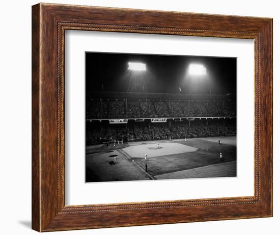 1947 Baseball Night Game under the Lights Players Standing for National Anthem Ebbets Field-null-Framed Photographic Print