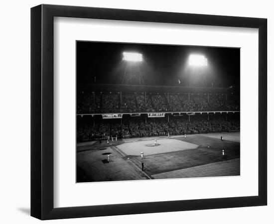 1947 Baseball Night Game under the Lights Players Standing for National Anthem Ebbets Field-null-Framed Photographic Print