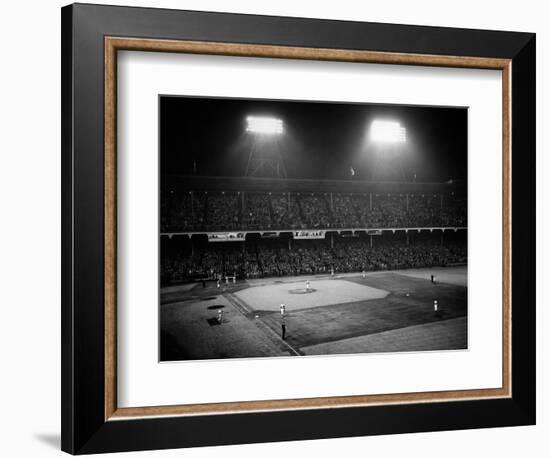 1947 Baseball Night Game under the Lights Players Standing for National Anthem Ebbets Field-null-Framed Photographic Print