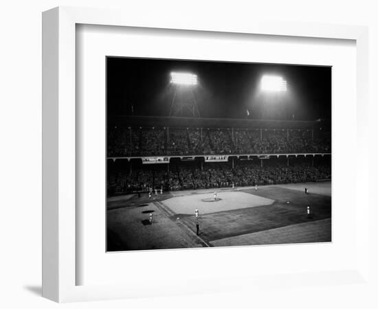 1947 Baseball Night Game under the Lights Players Standing for National Anthem Ebbets Field-null-Framed Photographic Print