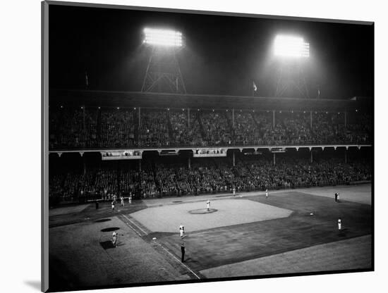 1947 Baseball Night Game under the Lights Players Standing for National Anthem Ebbets Field-null-Mounted Photographic Print