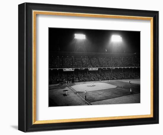 1947 Baseball Night Game under the Lights Players Standing for National Anthem Ebbets Field-null-Framed Photographic Print