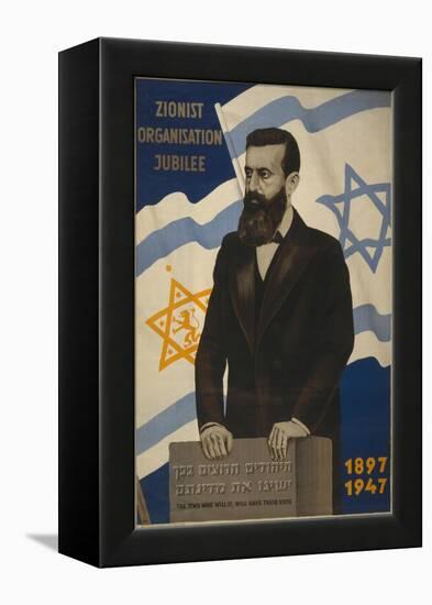 1947 Poster Showing Theodor Herzl with the Flags of Israel and the Zionist Congress-null-Framed Stretched Canvas