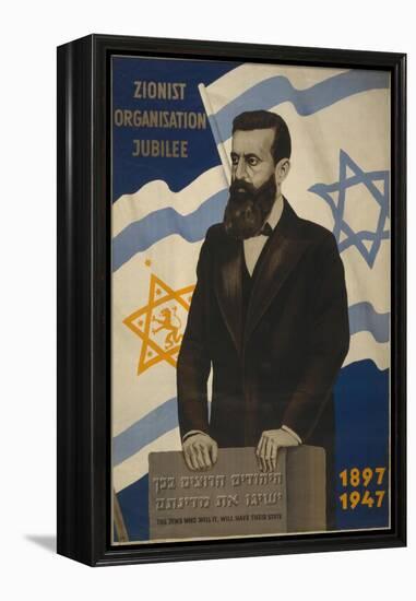 1947 Poster Showing Theodor Herzl with the Flags of Israel and the Zionist Congress-null-Framed Stretched Canvas