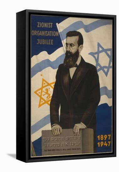 1947 Poster Showing Theodor Herzl with the Flags of Israel and the Zionist Congress-null-Framed Stretched Canvas